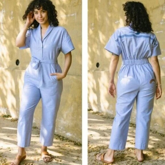 Soludos Rialto Jumpsuit Moon Ocean and Rainbow Design Chambray Blue M - Picture 1 of 13